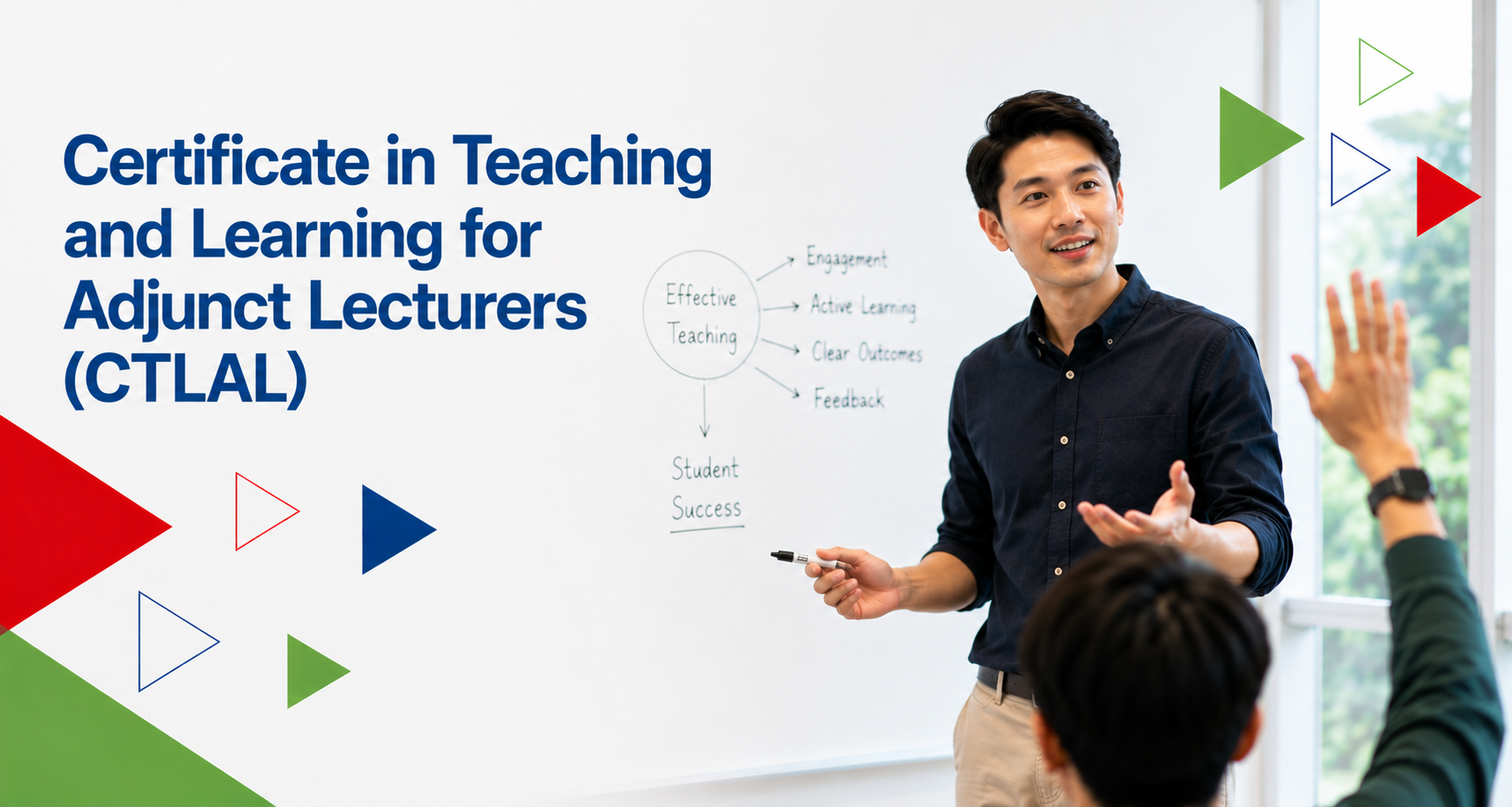 Show an adjunct or part time lecturer with no spectacles in a bright, contemporary campus learning space engaged in teaching their students, with a back view of student raising their hand
